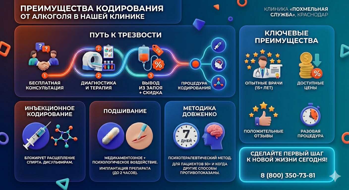 Инфографика о методах кодирования от алкоголя в Покровске: инъекции, подшивание, метод Довженко. Преимущества клиники и этапы лечения.