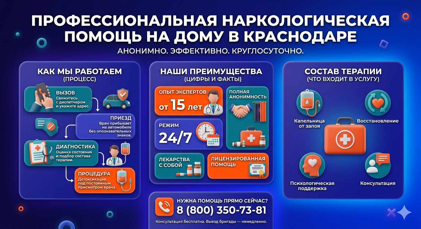 Инфографика о принципах лечения алкоголизма на дому в Покровске: этапы вызова нарколога, преимущества анонимной детоксикации и состав медицинской помощи.